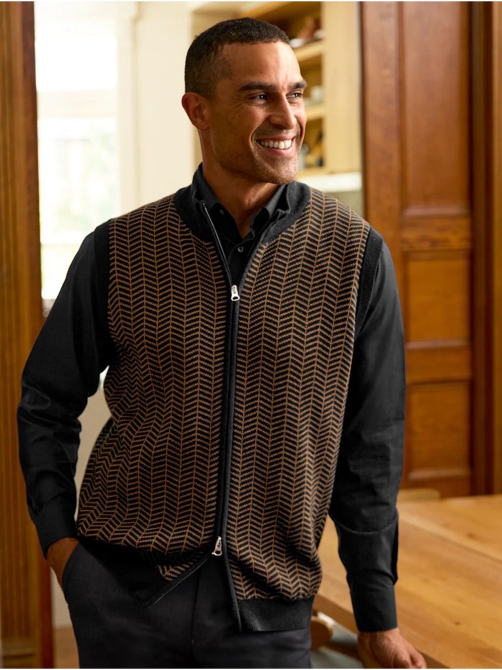Paul Fredrick Brown Chevron Zip-Front Vest